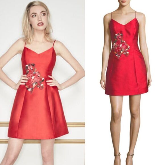 Mestiza Sleeveless Bell Cocktail Dress Flamingo Beaded Embroidery Red 8 - Picture 1 of 14